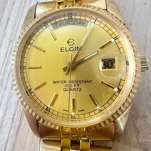 Elgin men's gold tone presidential style dress watch NEW BATTERY